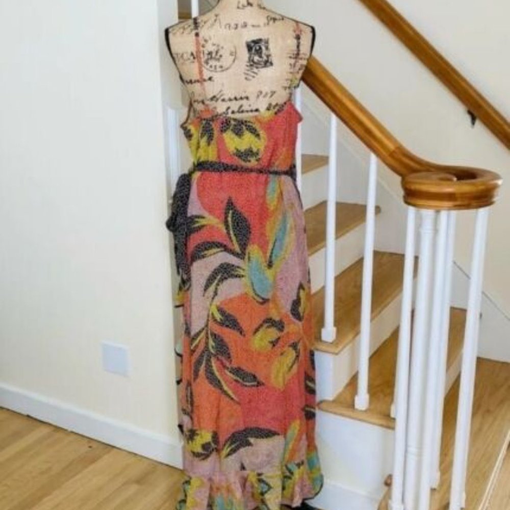 Anthropologie Orange and Green Leaf-Print Midi Dress - Picture 3 of 7